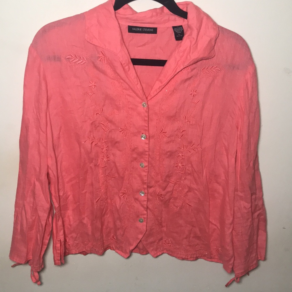 L linen valerie stevens pink embroidered embroidery beaded blouse shirt … - Picture 3 of 17